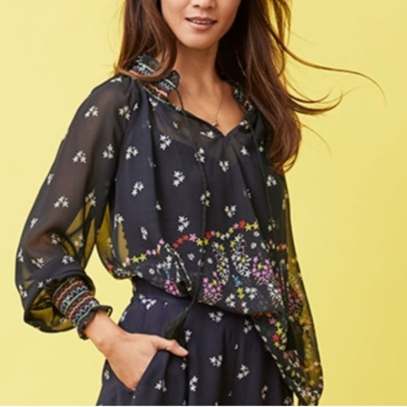 CAbi Tops - Cabi | Floral Tassel Paisley Sheer Blouse Top Navy Blue 5784, Womens Large